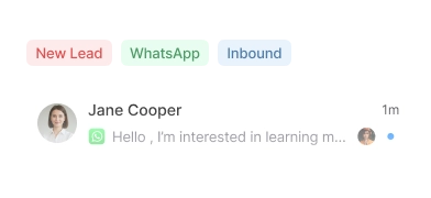 A "New Lead" notification in a customer communication management software showing an inbound WhatsApp message from a prospect.