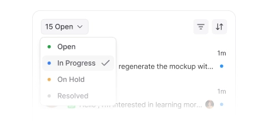 Lead status tracking feature in a customer communication management software showing "In Progress," "Open," and "Resolved" labels for better organization.