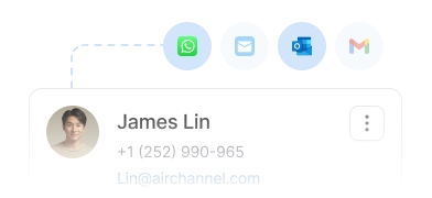 A detailed contact profile in a customer communication management software showing integrated channels like WhatsApp, Gmail, and Outlook for a single lead.