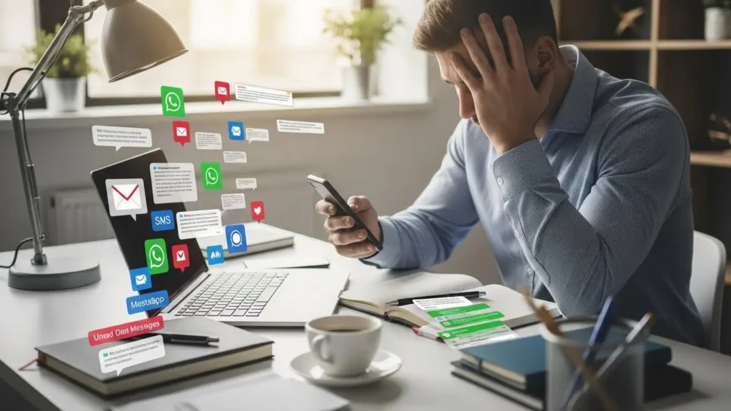 Stressed professional overwhelmed by messages from email, WhatsApp, SMS, and social media on multiple devices.