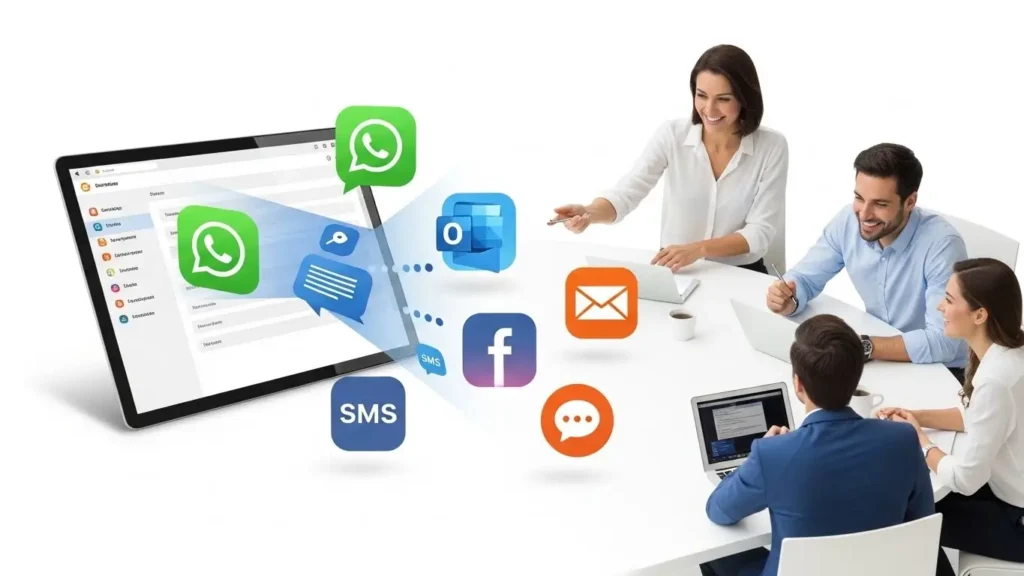 Team collaborating using a unified inbox that brings WhatsApp, email, SMS, and social media messages into one platform.