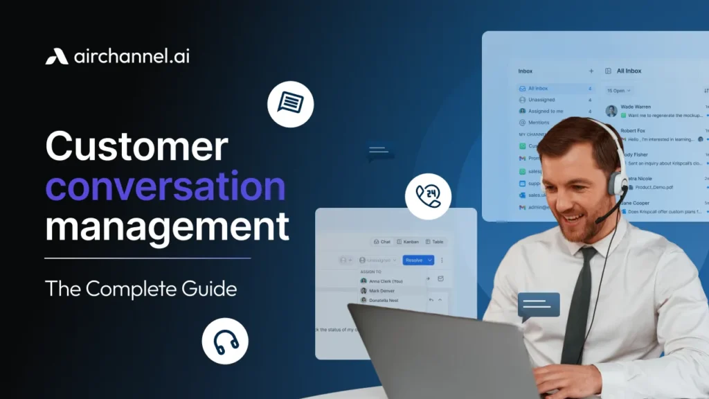 A man with a headset using a laptop next to the text: "Customer conversation management: The Complete Guide."