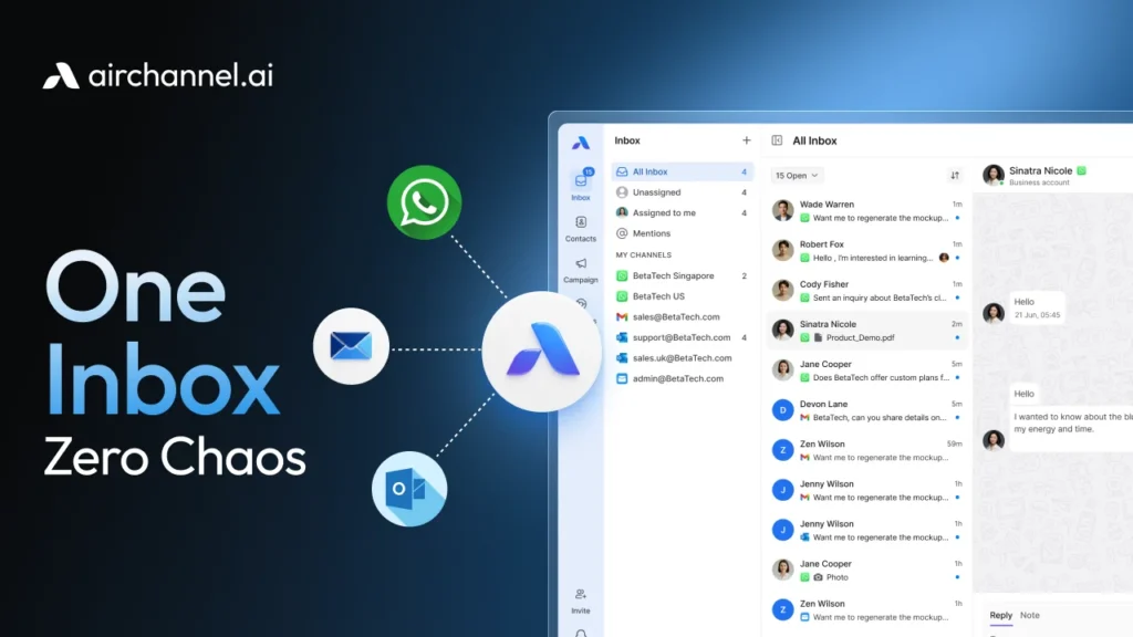Shared unified inbox dashboard showing WhatsApp, email, and Outlook messages managed in one inbox for team collaboration