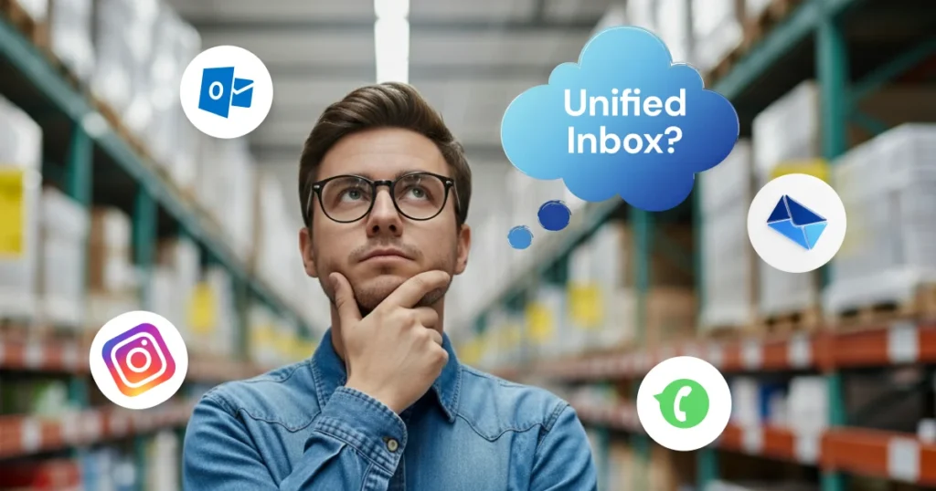 A retail worker in a warehouse thinking about a Unified Inbox solution to manage Instagram, WhatsApp, and email messages.