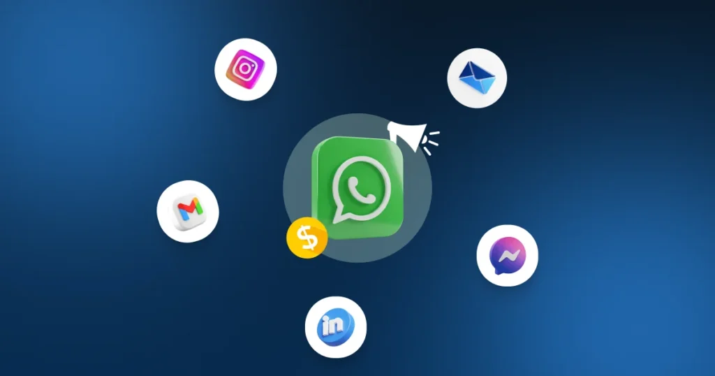 WhatsApp icon as the central hub for high-converting marketing, surrounded by social media and email integration icons.