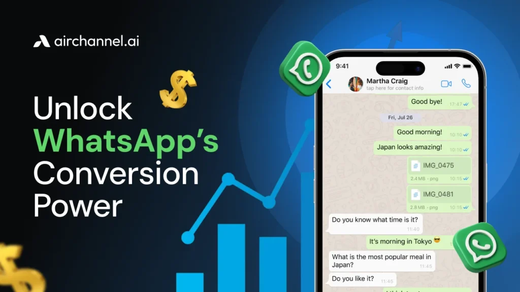 WhatsApp marketing concept showing smartphone chat screen, growth chart, and conversion increase with Airchannel.ai branding
