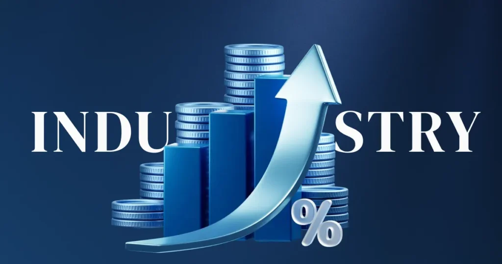 An industry growth graphic featuring a rising blue arrow and coin stacks, symbolizing the financial benefits of implementing a unified communications platform.