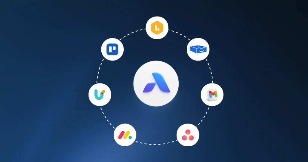 An infographic showing a central hub icon surrounded by a connected ring of email management and productivity apps like Gmail, Trello, and Asana.