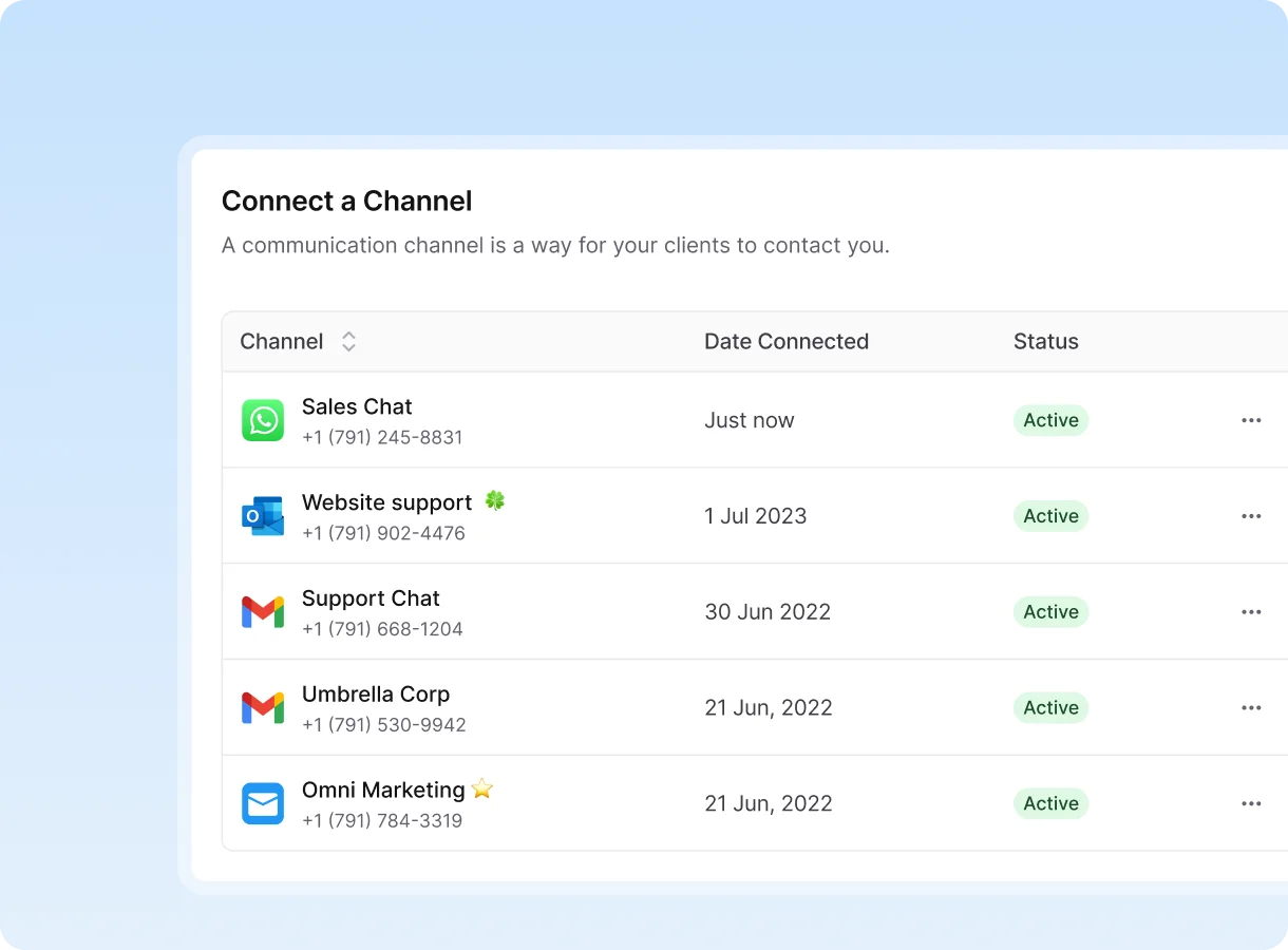 Customer communication management software interface showing how to connect WhatsApp, Gmail, and Outlook into one unified workspace.