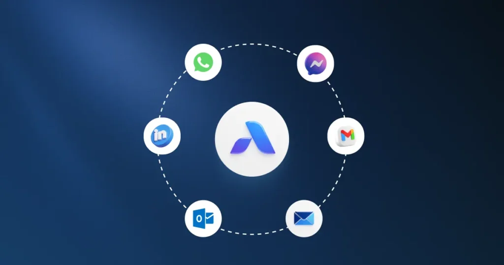 A unified inbox for customer communication management software connecting WhatsApp, Messenger, Gmail, and LinkedIn.