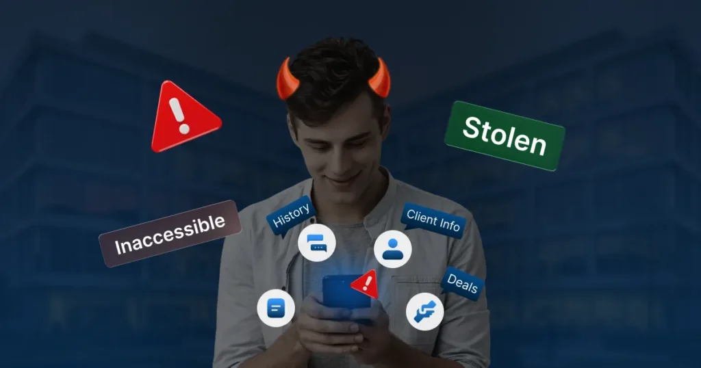 Conceptual image of a man with devil horns holding a smartphone where a customer conversation is labeled as "Stolen" and "Inaccessible" due to security risks.