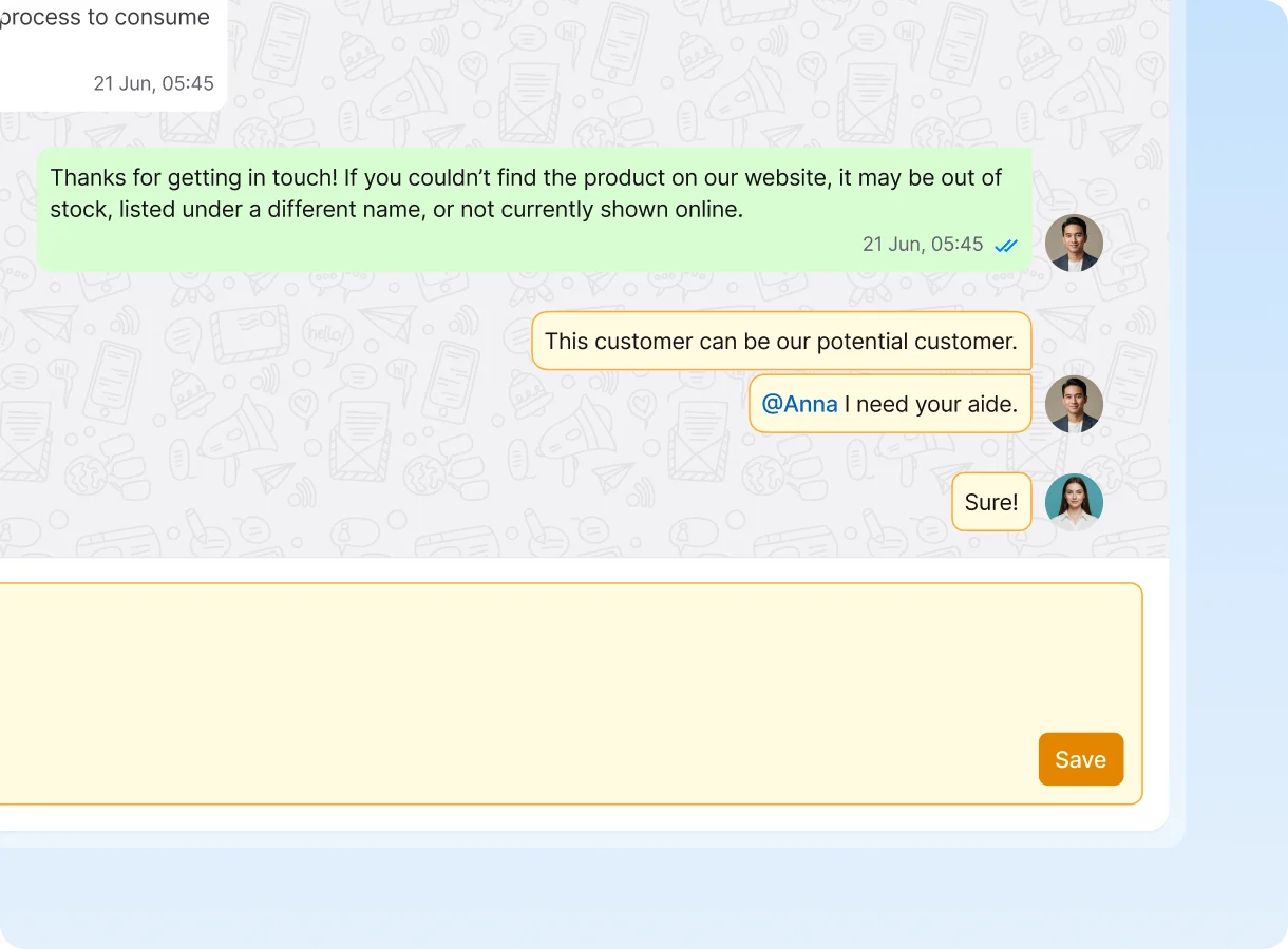 Internal team mentions and private notes within a shared workspace to collaborate on customer responses and delegate tasks.
