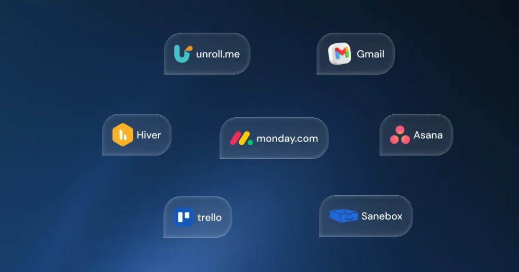 Graphic showcasing popular software tools for email management and team productivity, including Gmail, Asana, monday.com, and Trello.