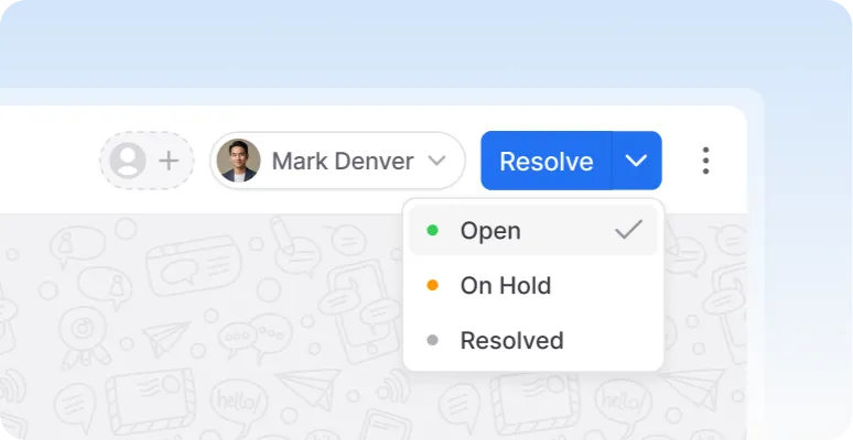 Interface showing how to mark conversations as resolved or set them to "On Hold" to track work progress.