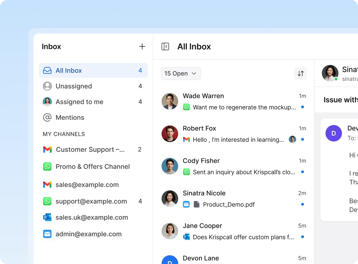 Unified inbox dashboard for managing multi-channel messaging and tracking customer leads in one organized workspace.