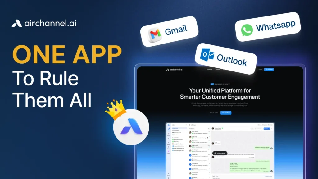 Promotional graphic for airchannel AI, a unified communications platform showing a central dashboard that integrates Gmail, Outlook, and WhatsApp, featuring the headline "ONE APP To Rule Them All."