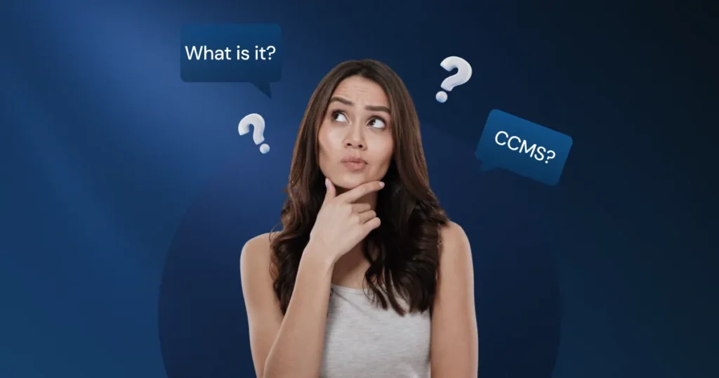 A woman thinking about what is CCMS or customer communication management platform.