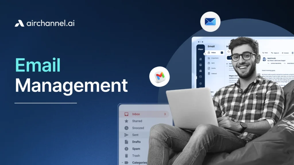 An infographic titled "Email Management" featuring a smiling professional with a laptop and digital overlays of an organized inbox interface.