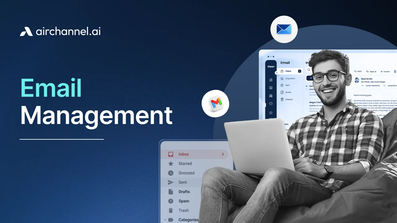 An infographic titled "Email Management" featuring a smiling professional with a laptop and digital overlays of an organized inbox interface.