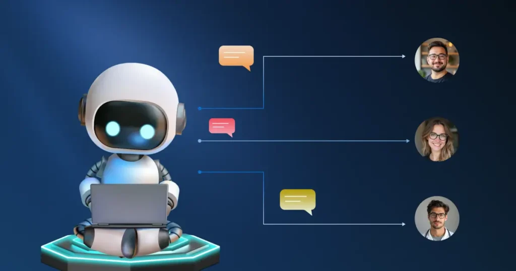 3D illustration of a robot with a laptop on a glowing platform. It shows how AI and customer communication management software can automate messaging to reach various customers at once.