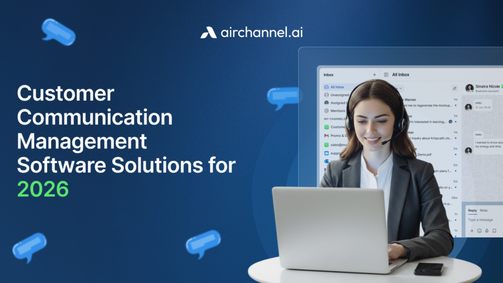 A professional customer service representative wearing a headset and smiling while working on a laptop with the airchannel.ai dashboard, illustrating the best customer communication management software solutions for 2026.
