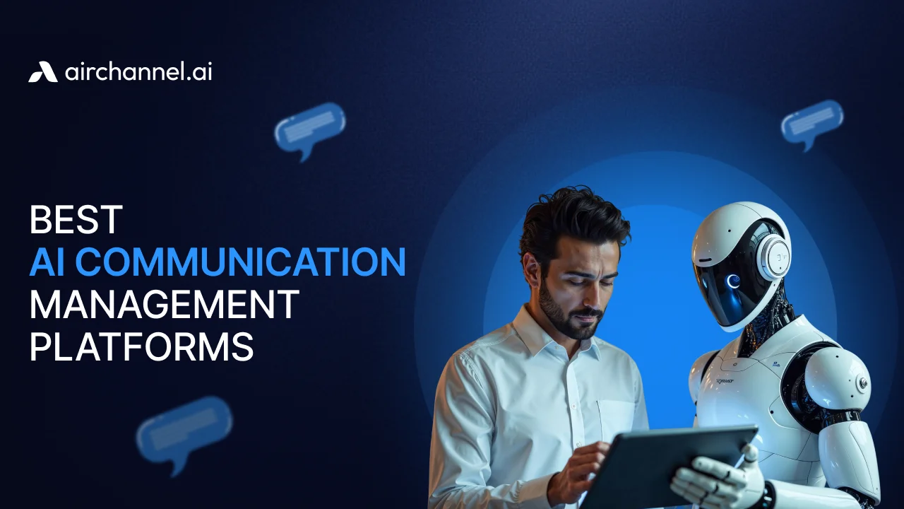 A man collaborating with an AI robot on a tablet representing the best AI Customer communication management platforms.