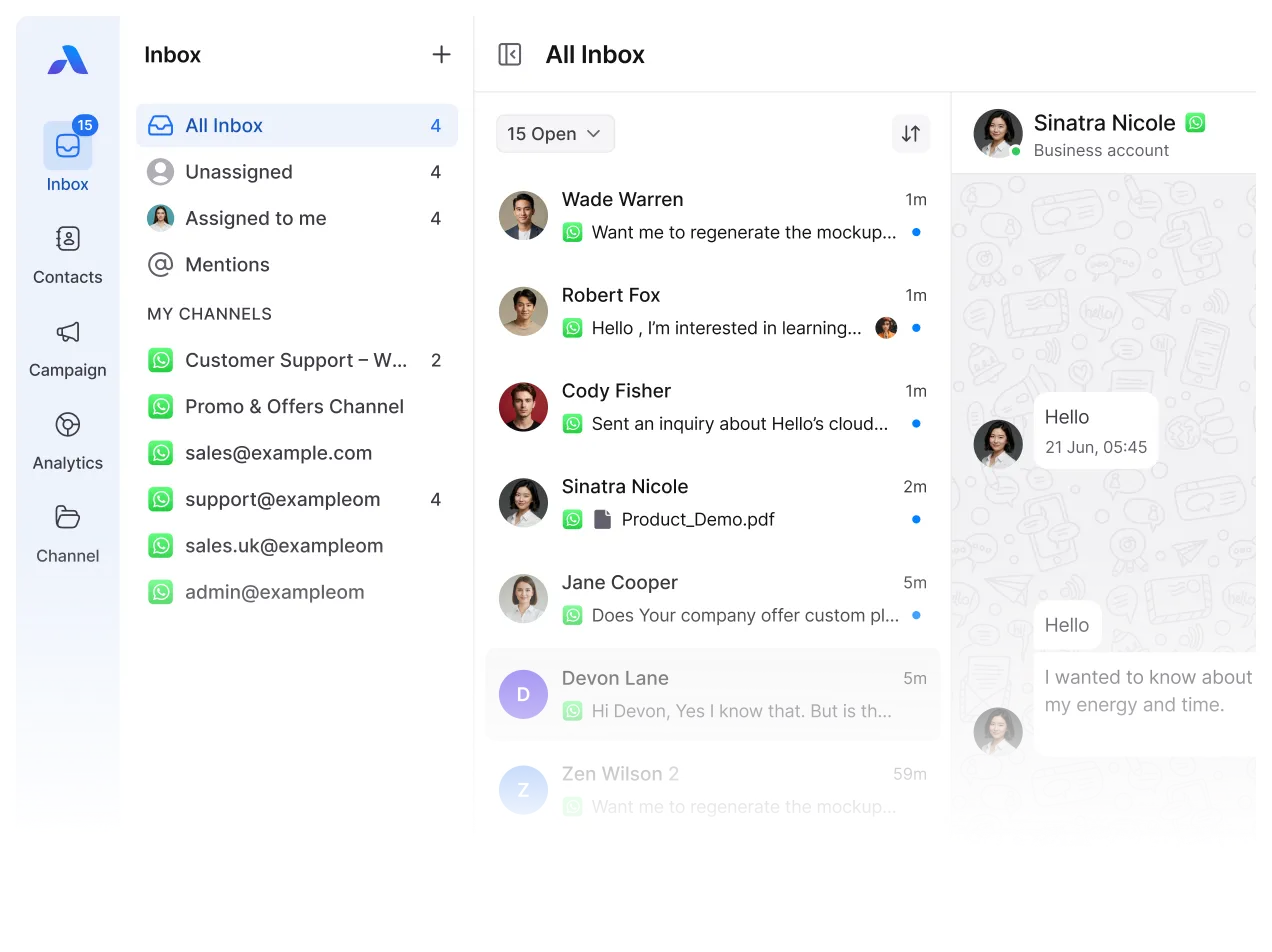 Manage team conversations via Airchannel’s customer communication management software featuring a unified WhatsApp management dashboard.