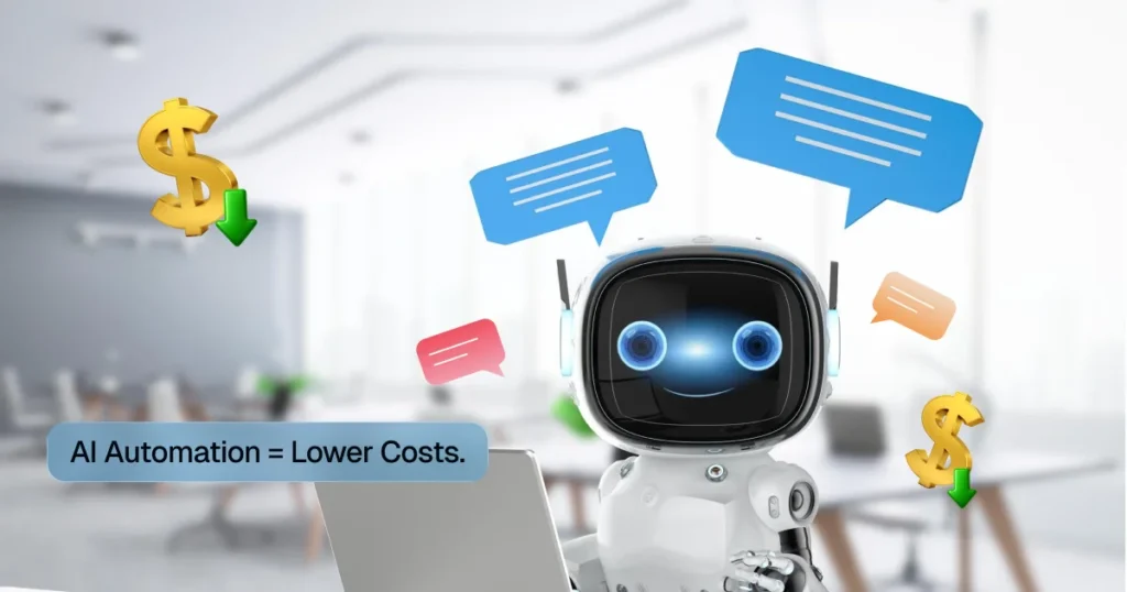 A friendly AI robot using a laptop to handle customer chats, with dollar signs and downward arrows indicating lower call center costs.