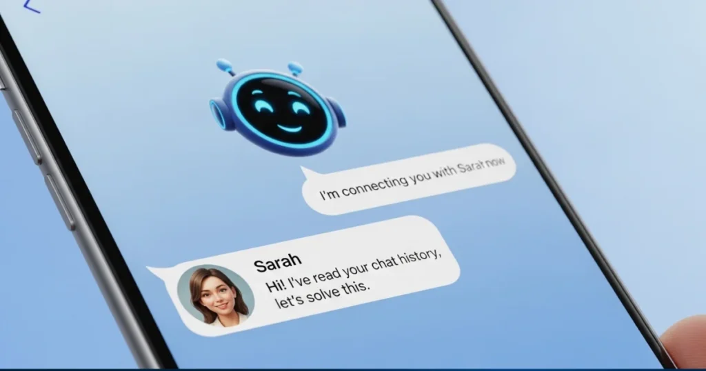 Smartphone screen showing an AI handoff example where a chatbot transfers a customer to a human agent who has already read the chat history.