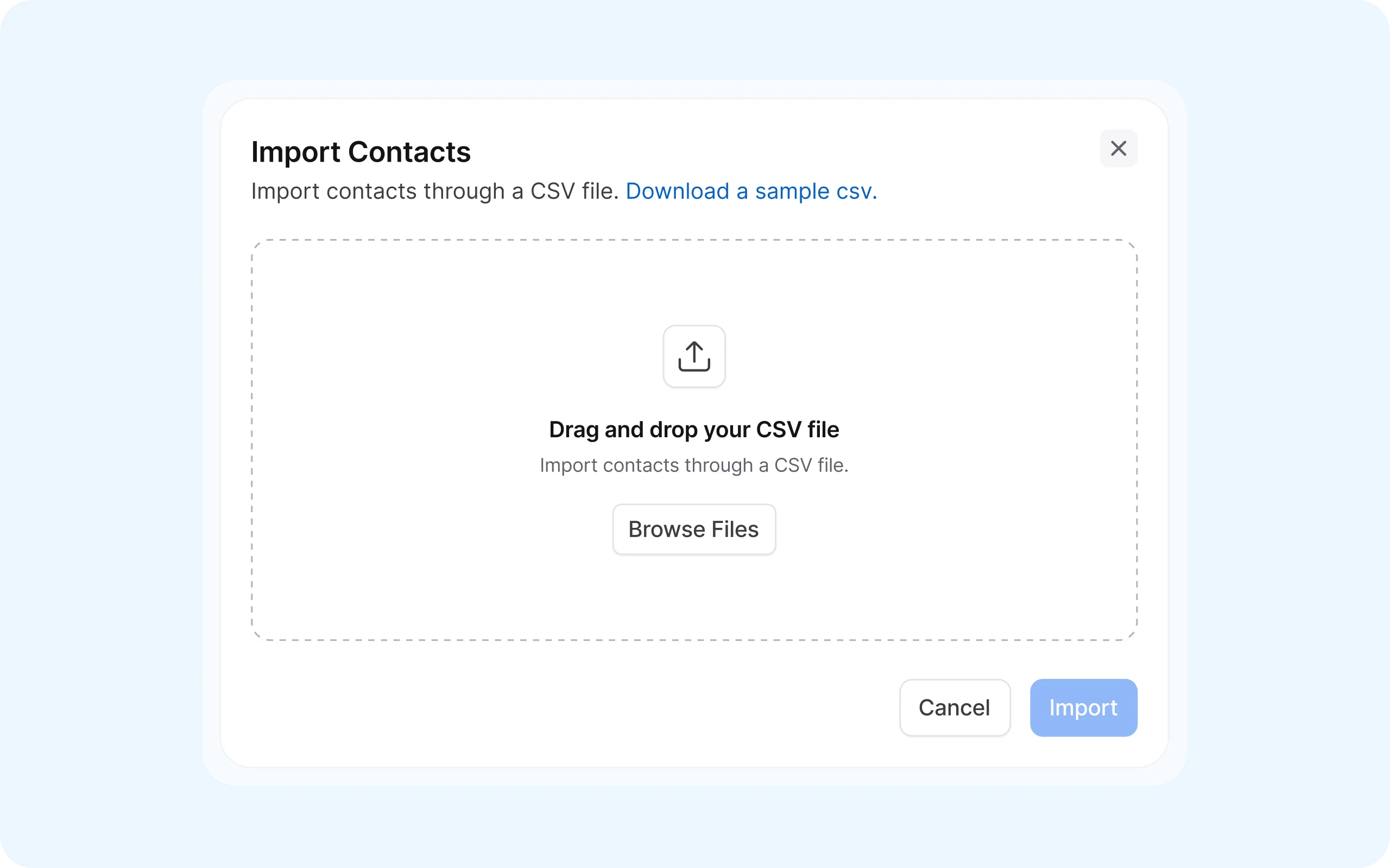 Interface for bulk contact upload showing CSV file import for seamless customer list management and data synchronization.