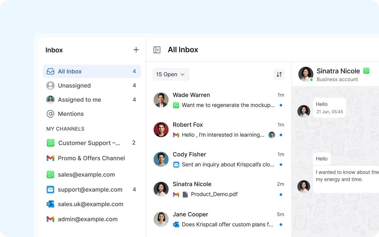 Centralized communication hub showing a unified shared inbox for managing multi-channel support across WhatsApp, Gmail, and Outlook messages.