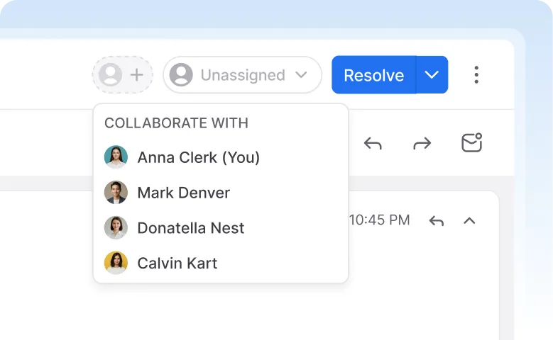 Interface for collaborative Gmail management allowing teams to assign messages to colleagues and resolve inquiries within a shared mailbox workflow.