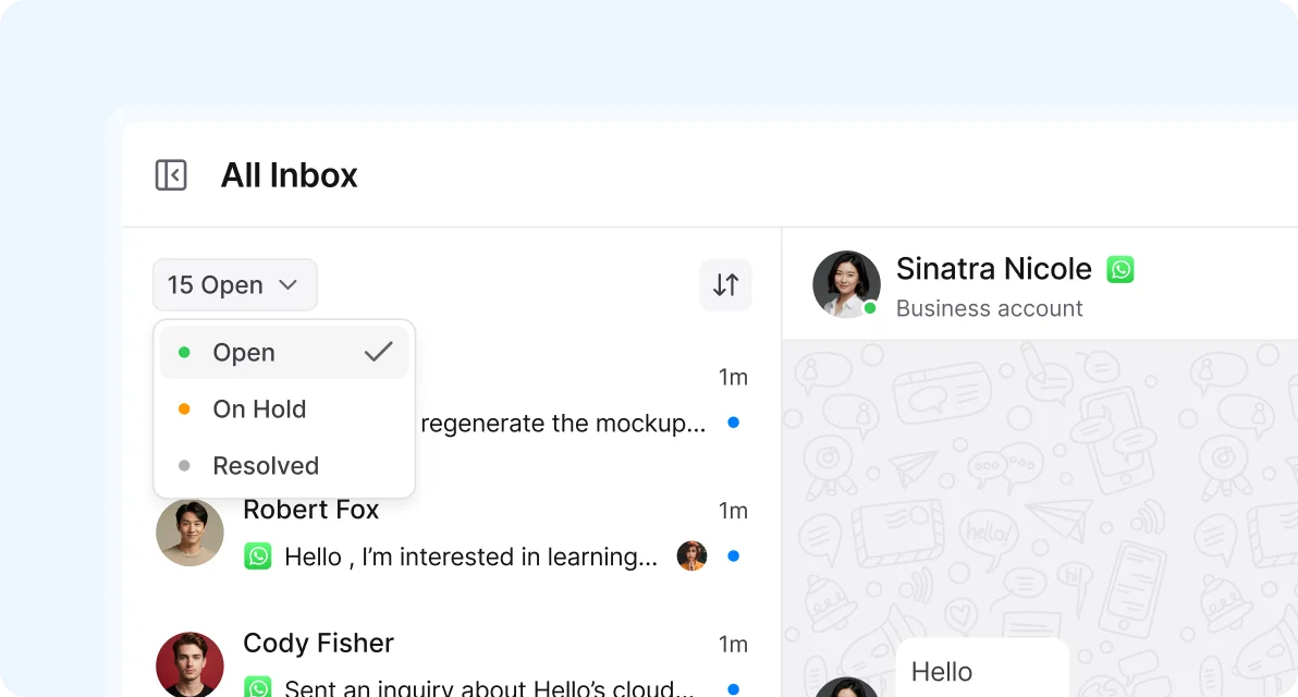 Interface for managing the conversation lifecycle with support ticket statuses like open, on-hold, and resolved to improve inbox organization and workflow efficiency.