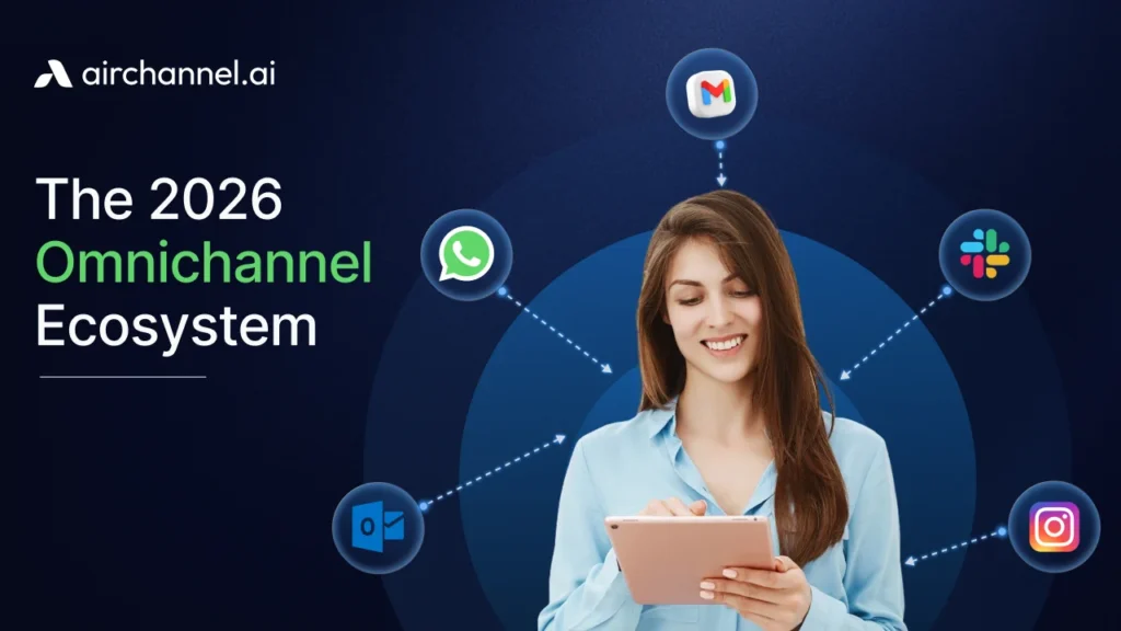 Professional managing a 2026 omnichannel ecosystem of customer communication channels including WhatsApp, email, and social media.