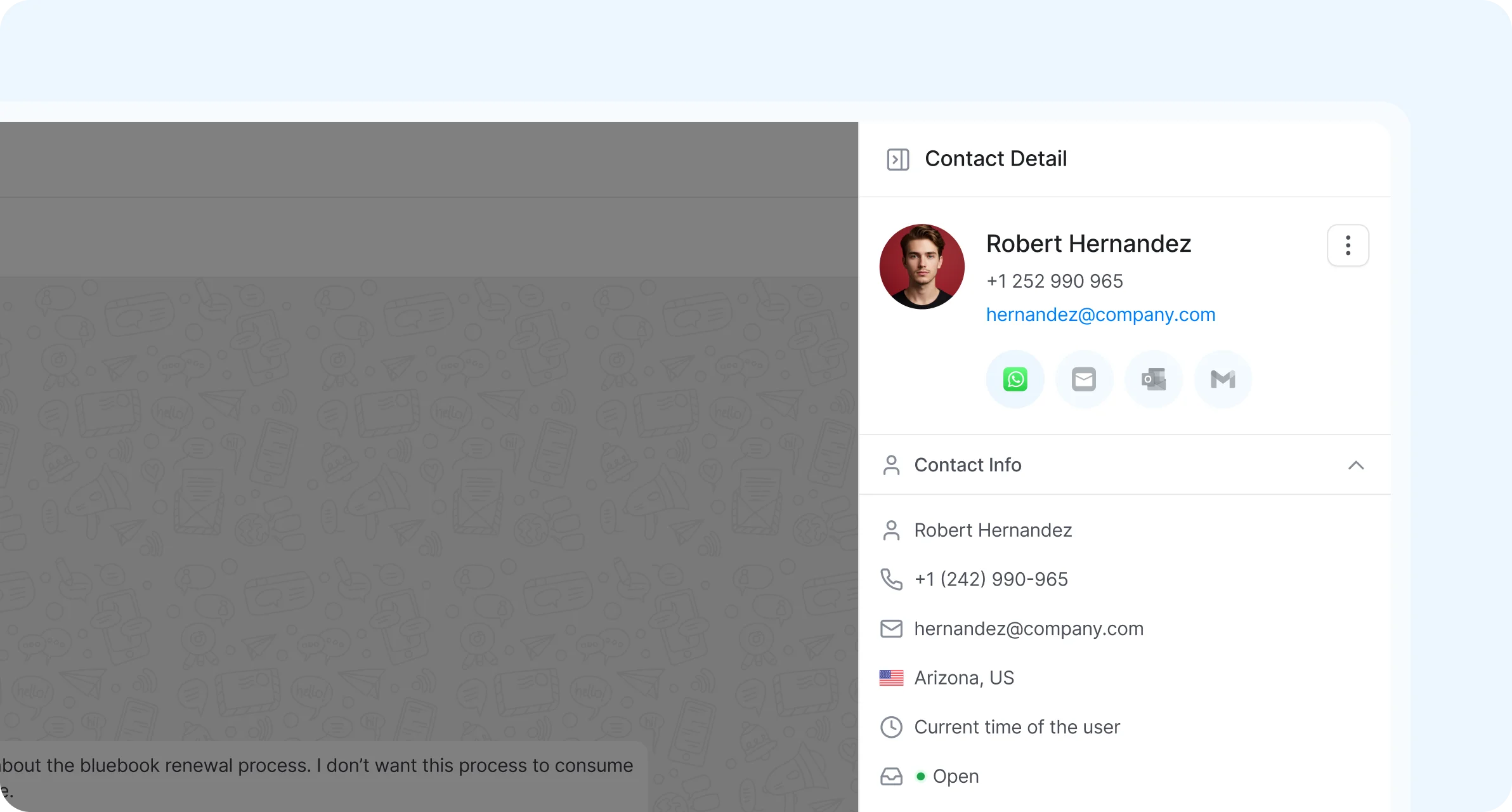 Detailed customer contact profile providing rich context with multi-channel info, geographic location, and local user time for better agent visibility.