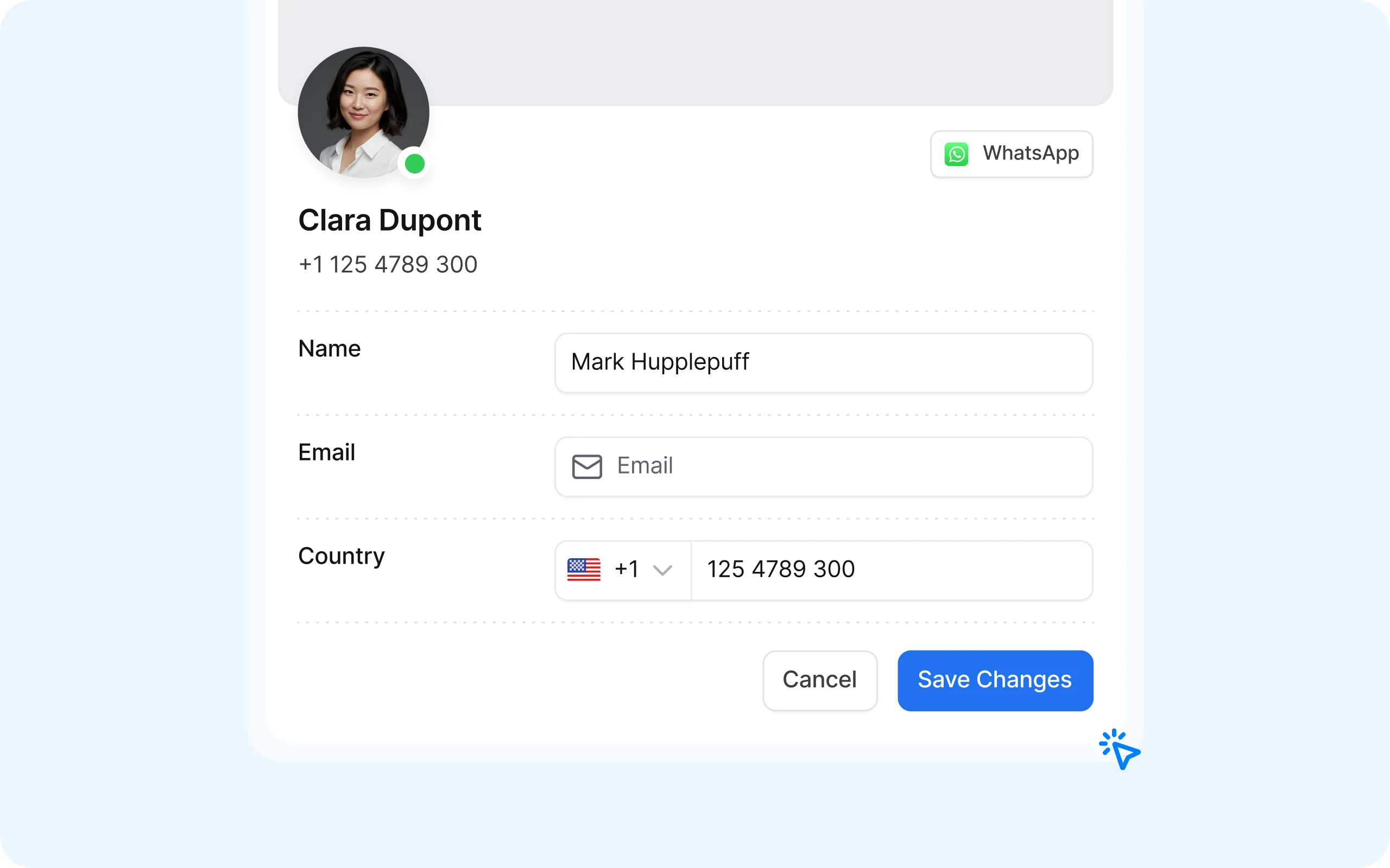 Interface for customer profile management ensuring contact data accuracy with fields for name, email, and synchronized phone numbers.