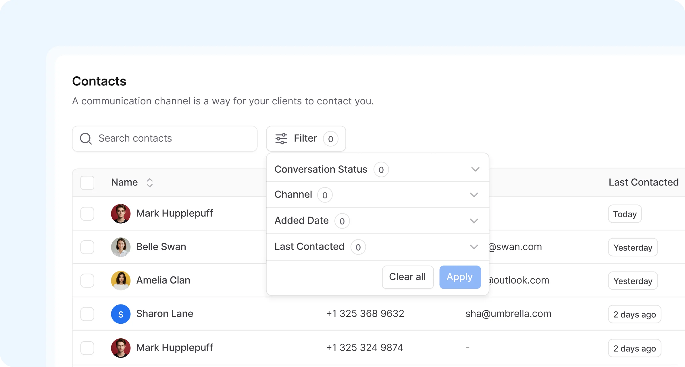 Fast contact search and advanced filtering in customer communication management software to segment customers by status, channel, and activity.