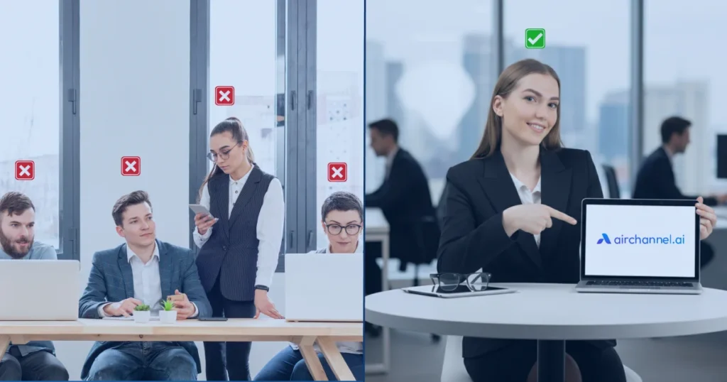 A comparison showing a disorganized team with red icons versus a professional using airchannel.ai, the best customer communication management software for customer support.