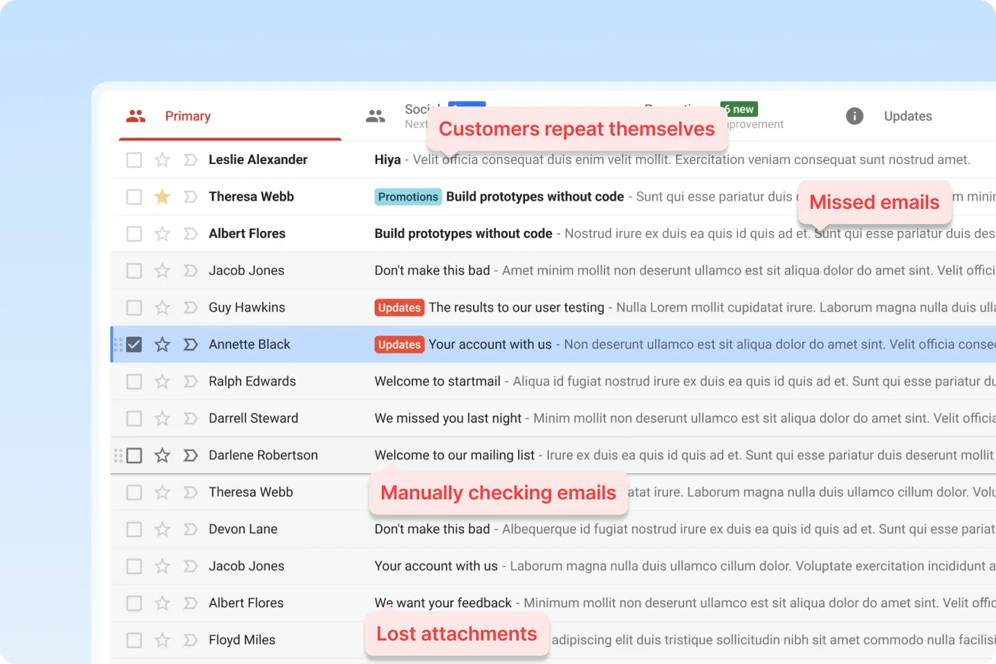 Graphic highlighting Gmail limitations for business teams, including missed emails, lost attachments, and the inefficiency of manual email tracking.