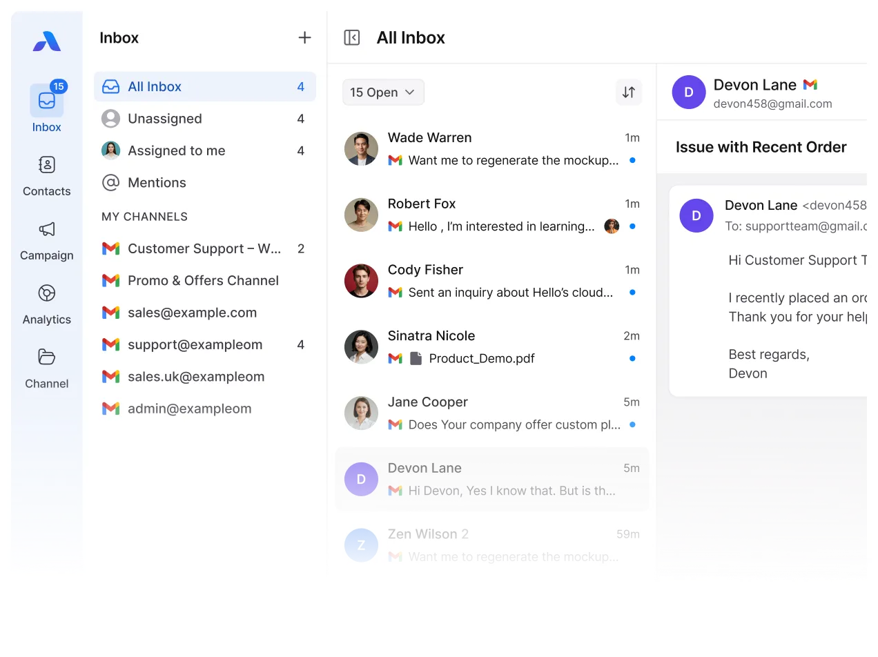 AirChannel customer communication management software showing a Gmail shared inbox optimized for team collaboration and shared email management.