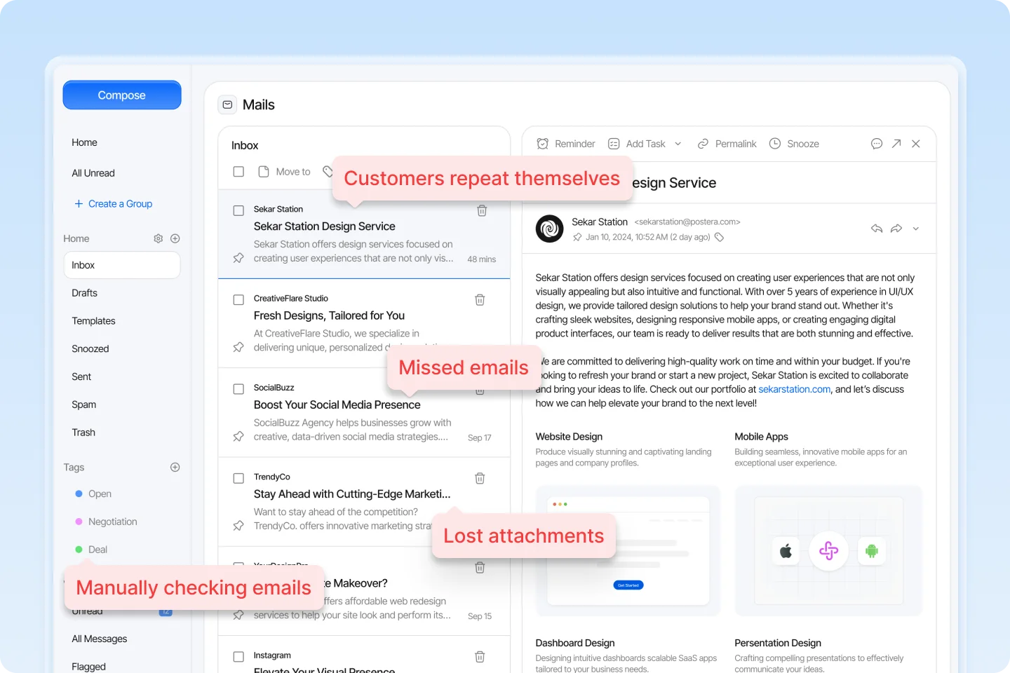 Graphic highlighting common business communication challenges in traditional IMAP clients, including missed emails, lost attachments, and manual workflow inefficiencies.