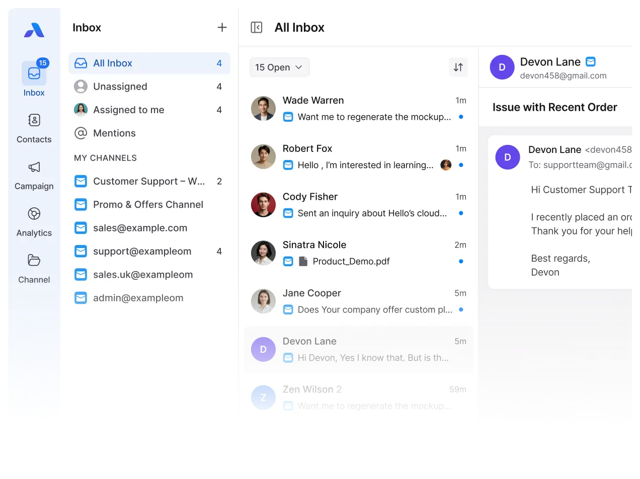Connecting custom email accounts via IMAP to a customer communication management software for team-based shared inbox management and collaboration.