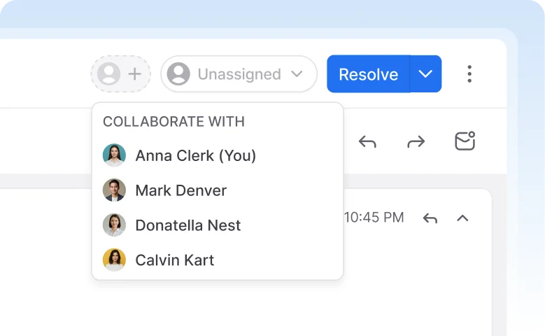 IMAP email interface for collaborative teams to assign messages to colleagues and resolve inquiries within a shared mailbox workflow.