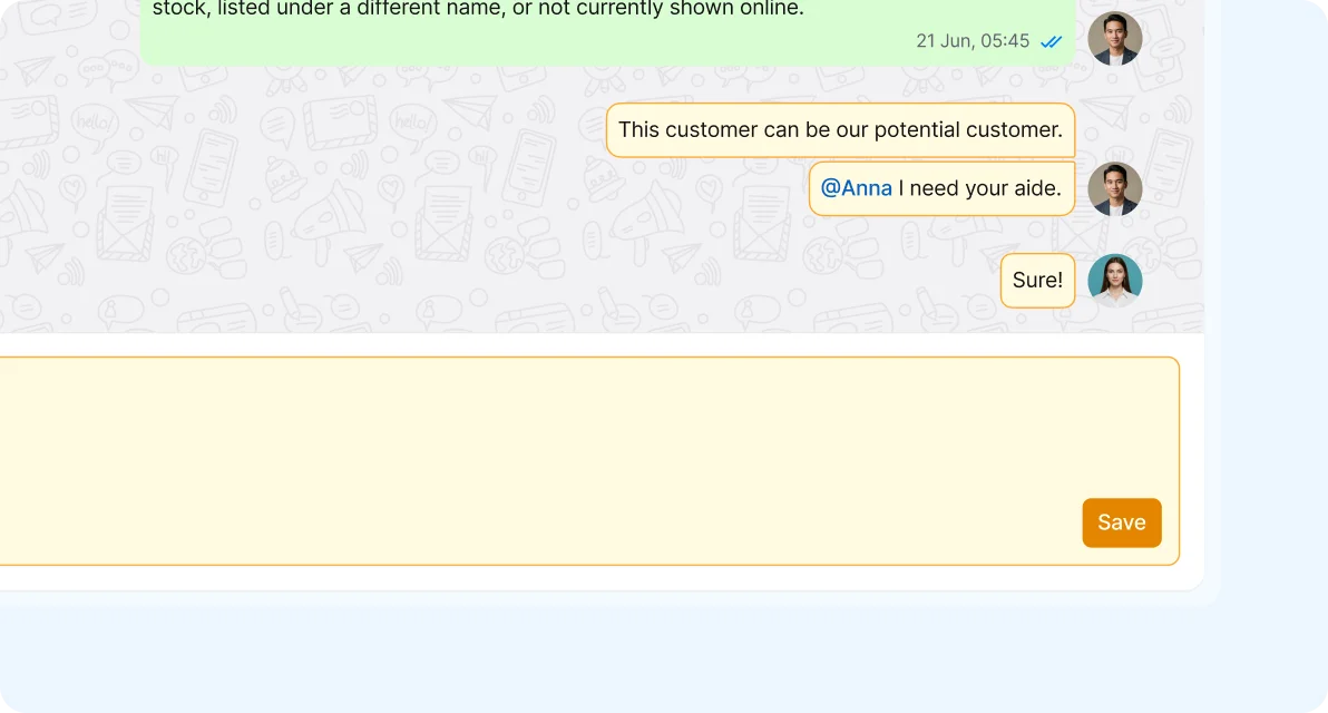 Internal team notes and @mentions within a shared conversation thread for private collaboration and agent alignment on customer inquiries.