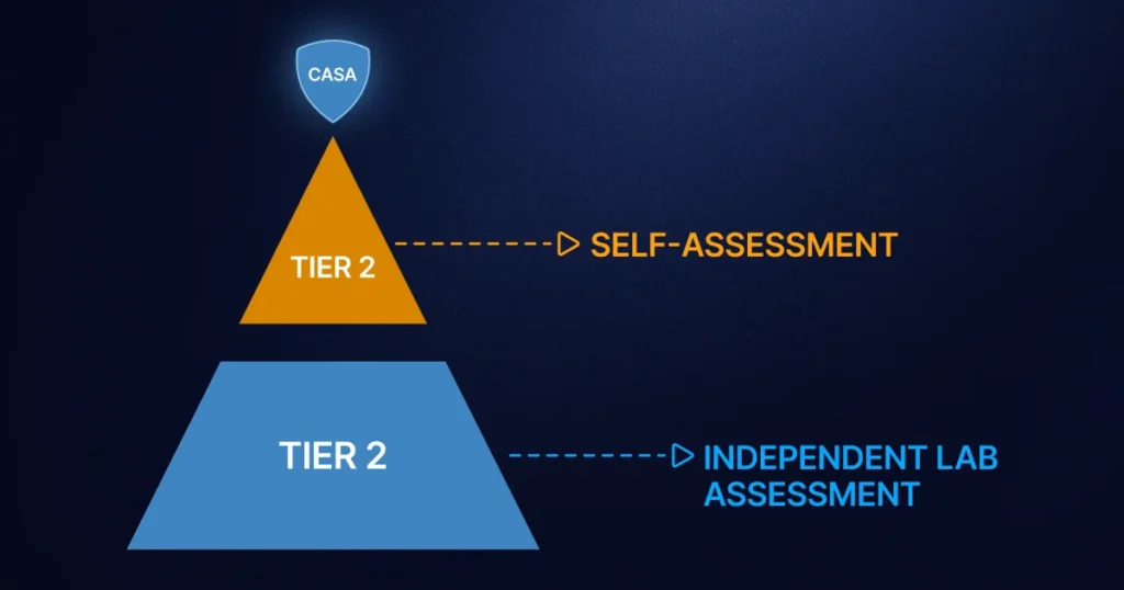 Diagram explainingGoogle CASA Tier 2 Verification levels for self-assessment and independent lab security audits.