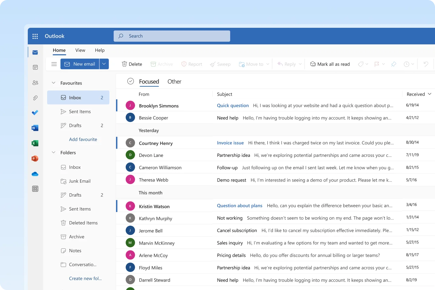 A cluttered Microsoft Outlook inbox showing the limitations of a single-user account for managing high-volume business email communication.