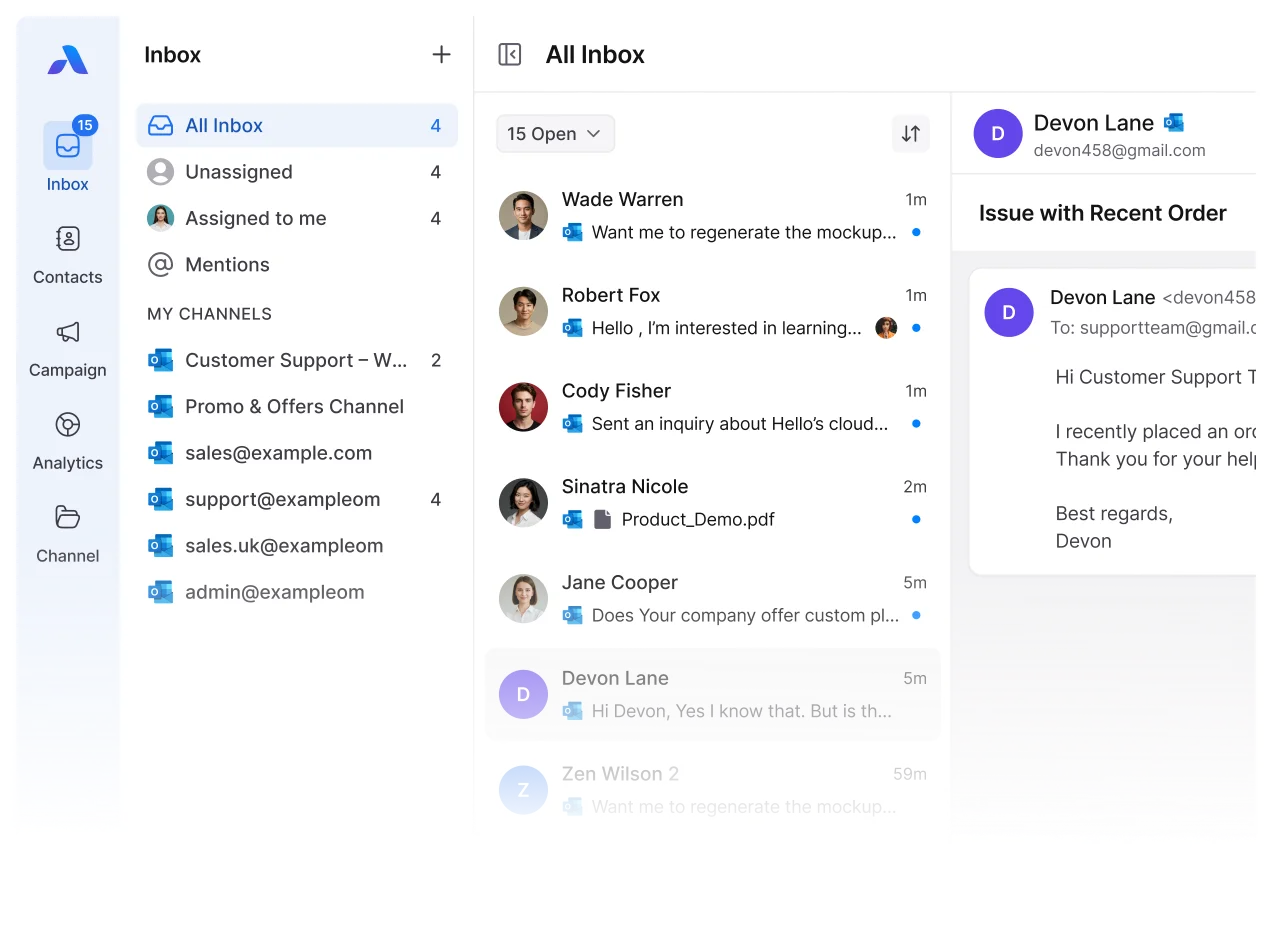AirChannel customer communication management software dashboard showing a shared Outlook inbox optimized for collaborative team email management.