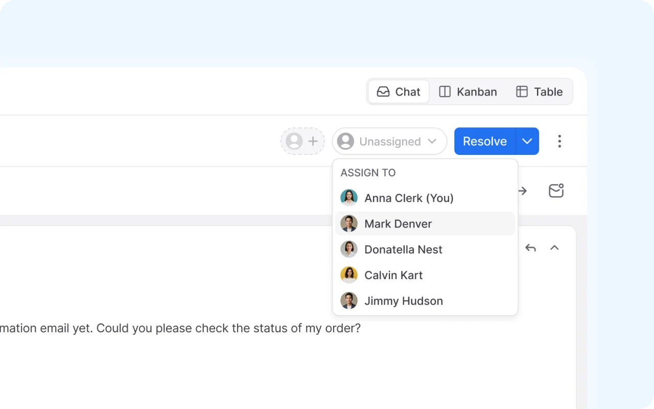 Shared inbox team assignment interface designed to prevent duplicate work and ensure clear conversation ownership for better support team alignment.