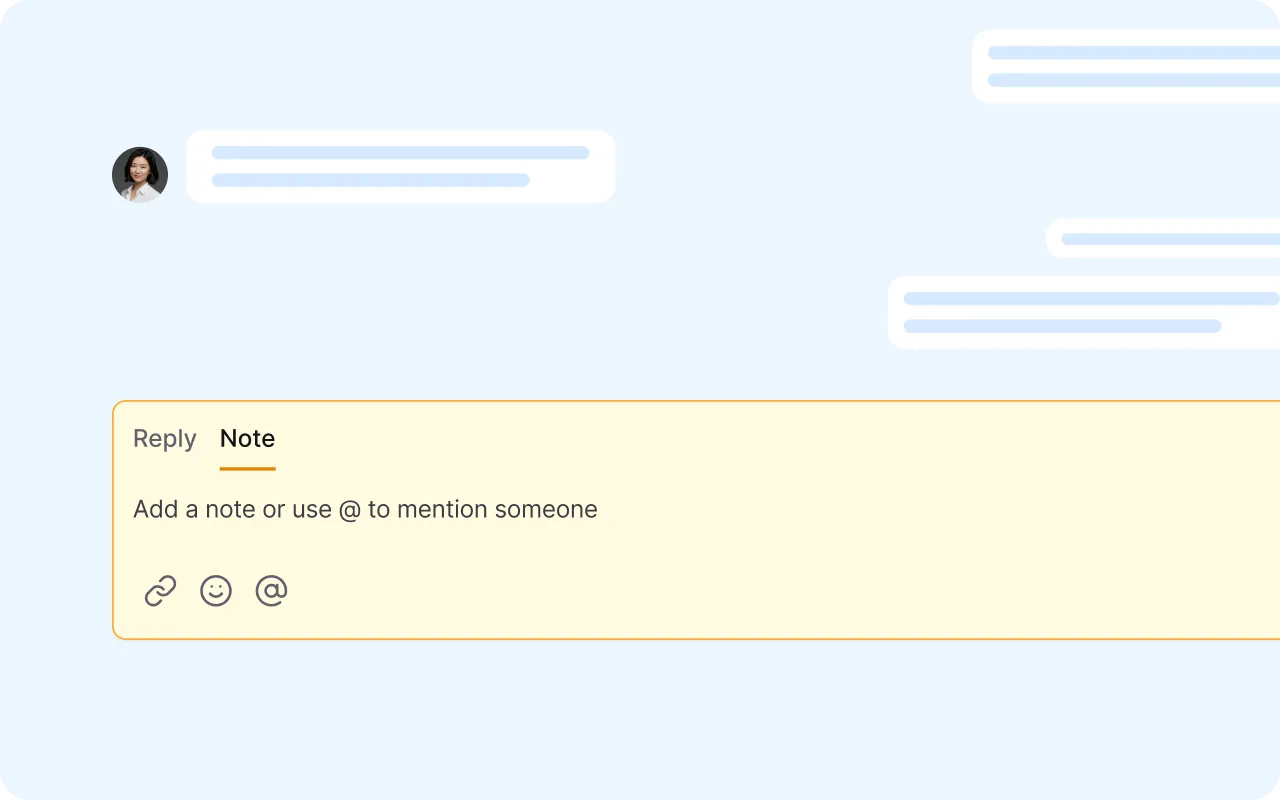Internal note interface with @mentions for private team collaboration and accountability within a shared inbox conversation thread.