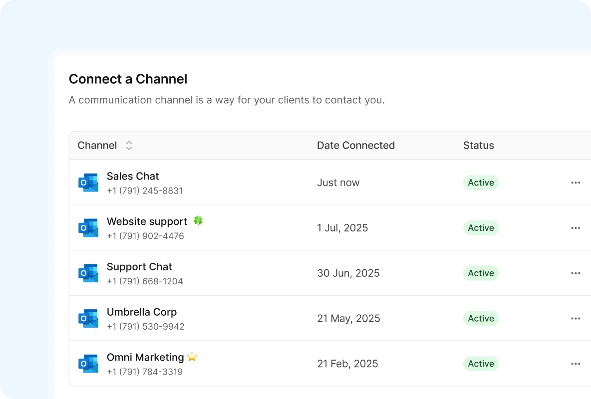 Interface showing how to connect and scale multiple Outlook channels for sales and support within a centralized business communication hub.